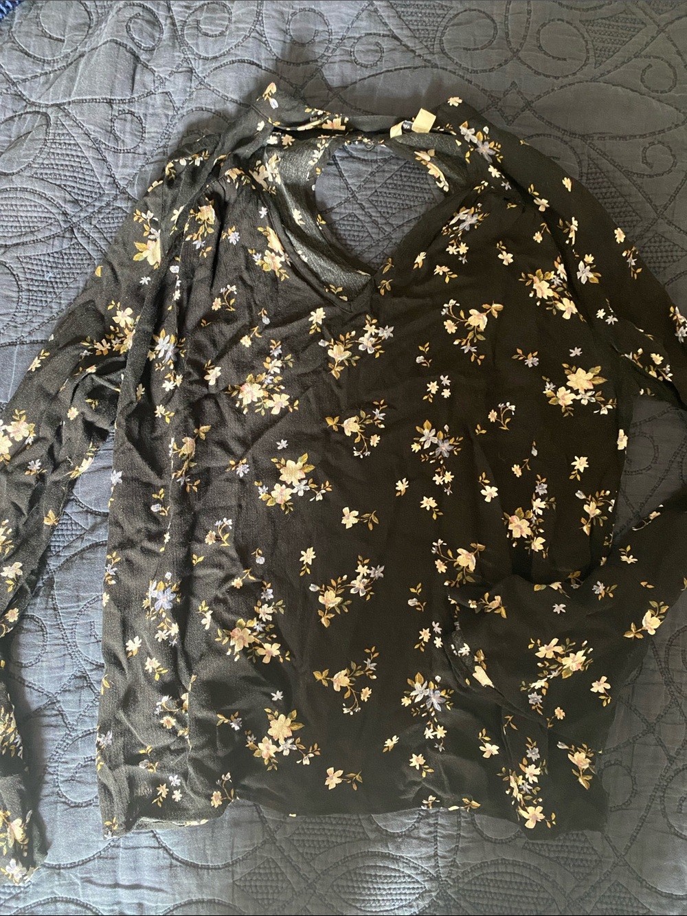 American Eagle Outfitters Black Sheer Floral Long Sleeve Blouse